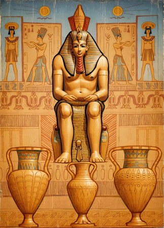 Pharaoh seated with vases
