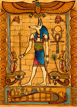 Anubis walking among funerary symbols