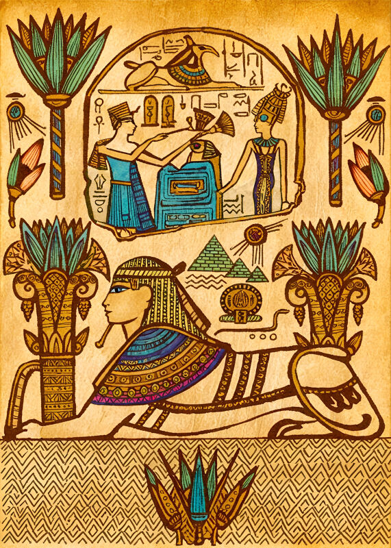 Sphinx among papyrus flowers and temple life