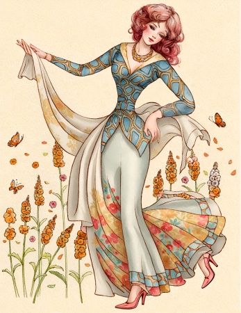 Elegant dancing lady in floral dress illustration