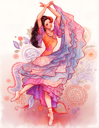 Elegant dancing lady in floral dress illustration
