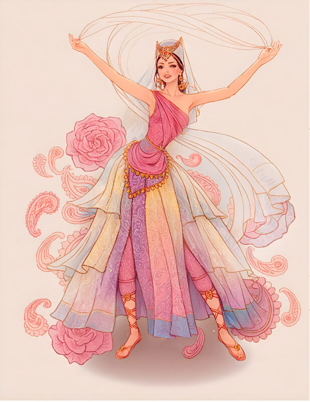 Elegant dancing lady in floral dress illustration