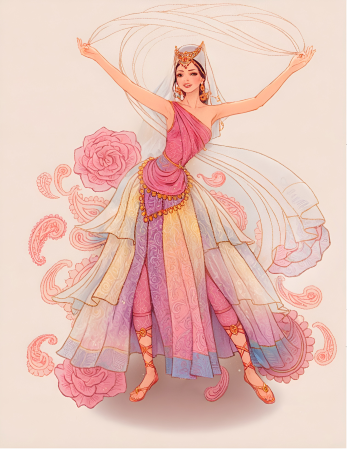Elegant dancing lady in floral dress illustration