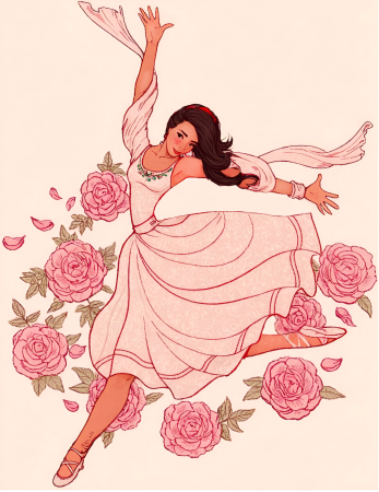 Elegant dancing lady in floral dress illustration