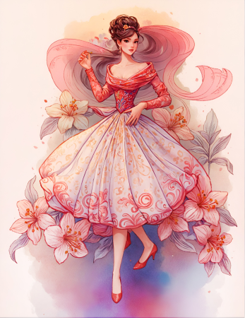 Elegant dancing lady in floral dress illustration