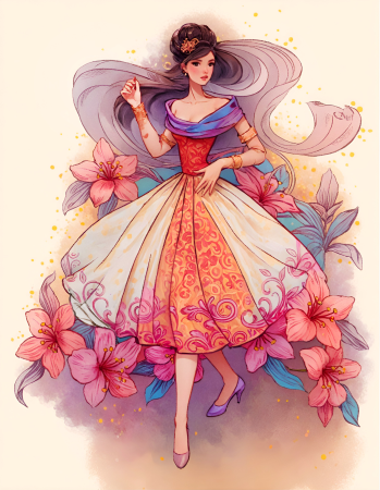 Elegant dancing lady in floral dress illustration