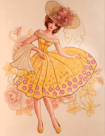 Elegant dancing lady in floral dress illustration