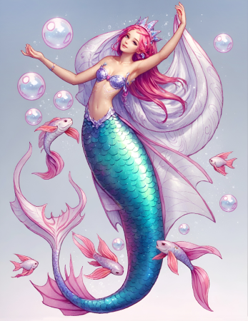 Elegant dancing mermaid in floral dress illustration