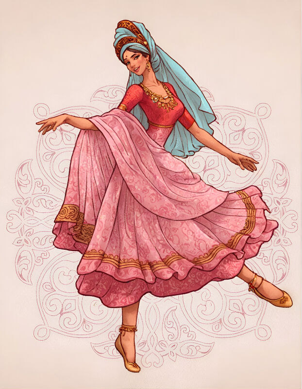 Elegant dancing lady in traditional costume illustration