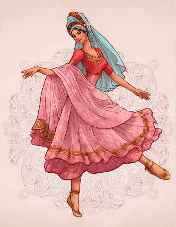 Elegant dancing lady in traditional costume illustration