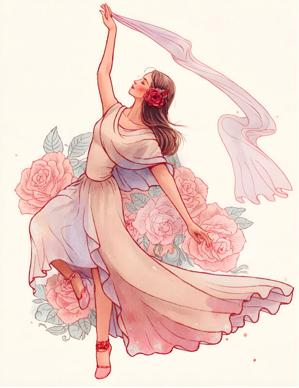 Elegant dancing lady in floral dress illustration