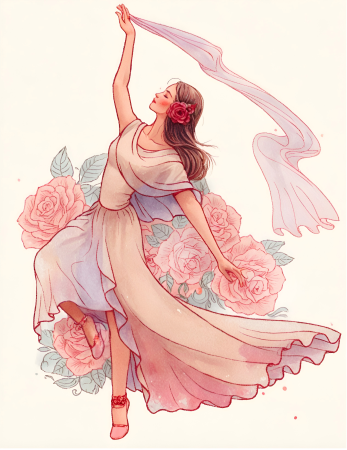 Elegant dancing lady in floral dress illustration