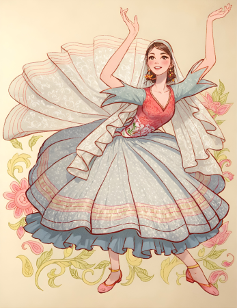 Elegant dancing lady in dress illustration