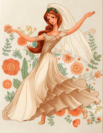 Elegant dancing lady in floral dress illustration