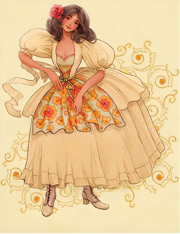 Elegant dancing lady in floral dress illustration