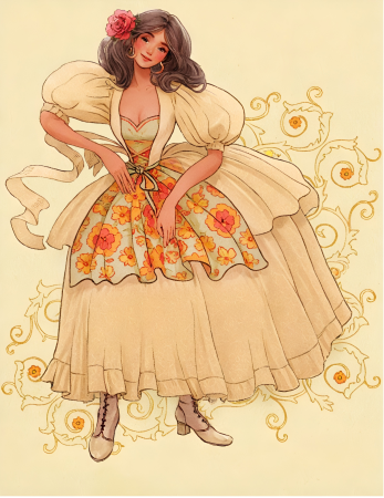 Elegant dancing lady in floral dress illustration