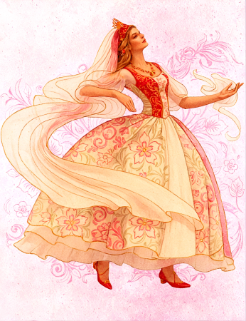Elegant dancing lady in floral dress illustration