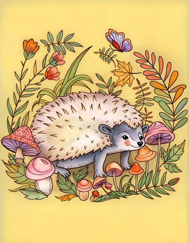 Hedgehog in mushrooms