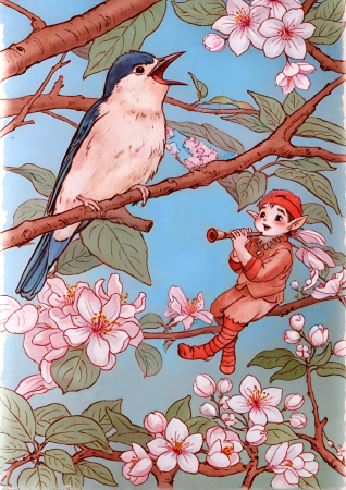 Boy On Blossom Tree With Bird