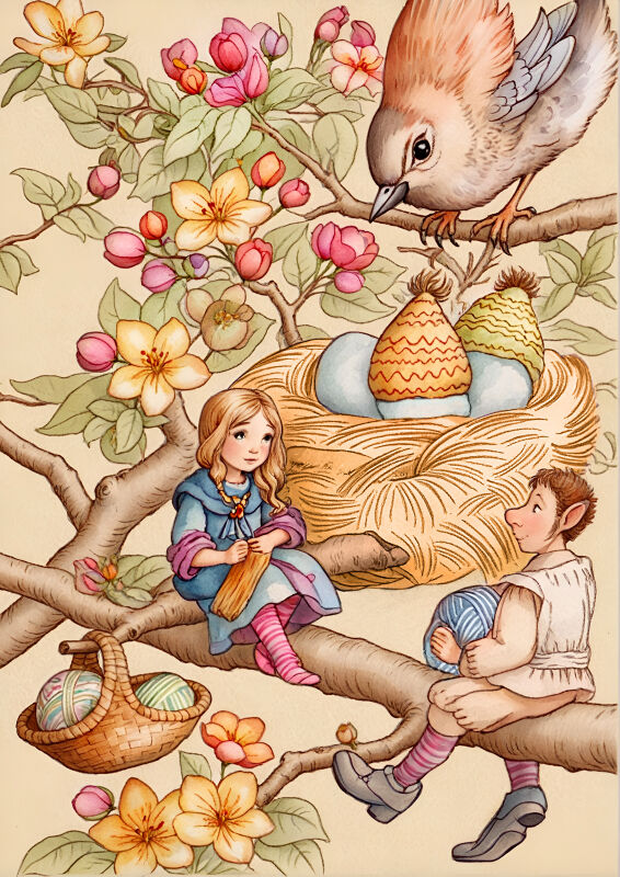 Children Sitting By Bird Nest
