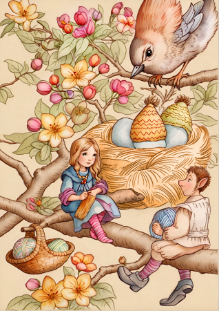 Children Sitting By Bird Nest