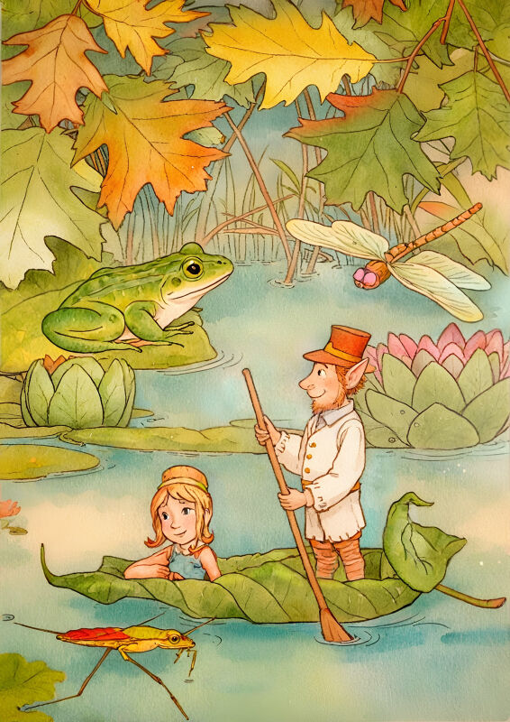 Girl and Leprechaun Sailing On Leaf With Frogs