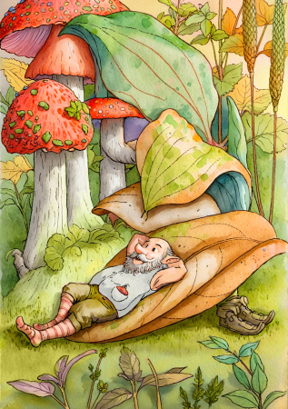 Sleeping Gnome Under Mushroom Leaves