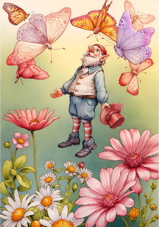 Gnome With Butterflies In Meadow