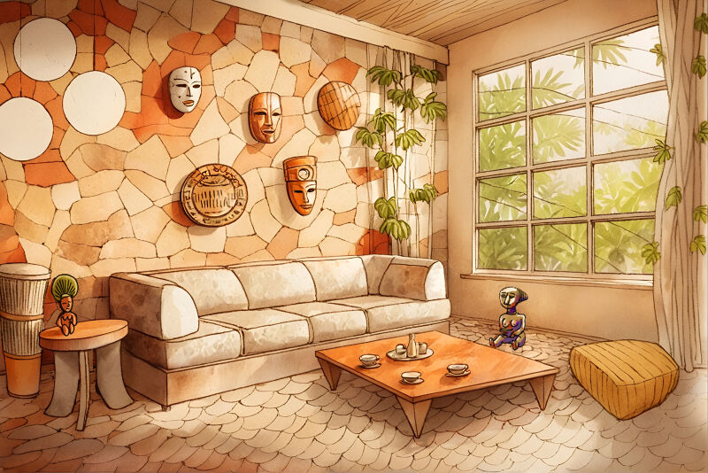 Tribal Decor Livin-Room With Stone Wall