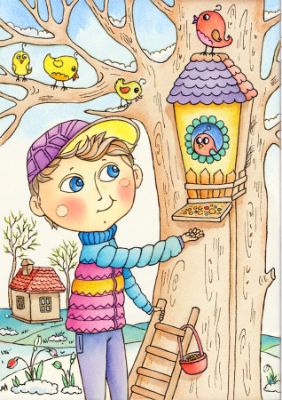 Boy Feeding Birdhouse (March)