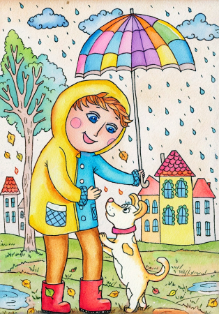 Girl With Umbrella And Cat (October)