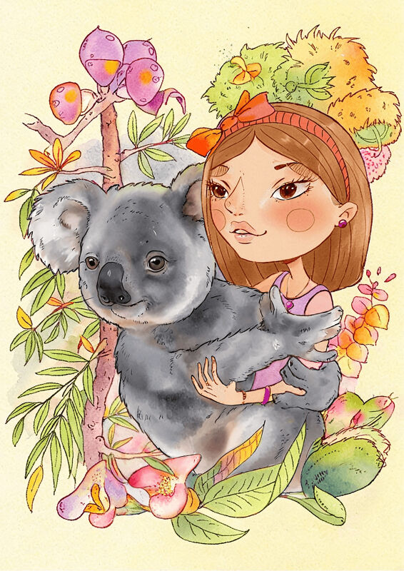 Girl With Koala In A Flower Garden