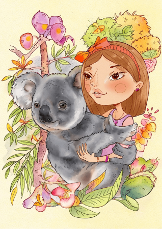 Girl With Koala In A Flower Garden