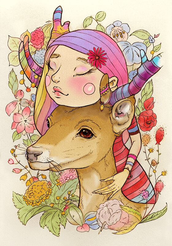 Girl With Deer Surrounded By Flowers