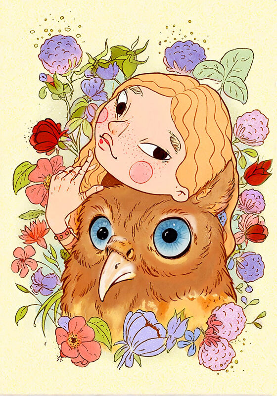 Girl With Owl Among Blossoms