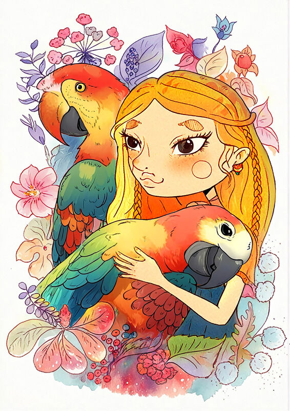Girl Holding Two Parrots In Tropical Bloom