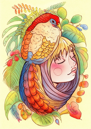 Girl With Bird Crown In Forest Light