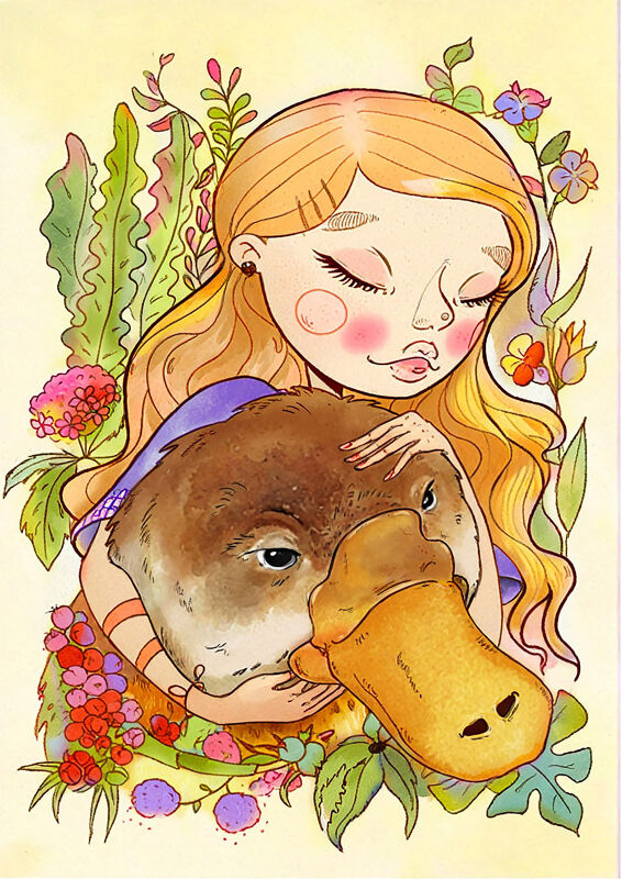Girl Hugging A Platypus In Blooming Field
