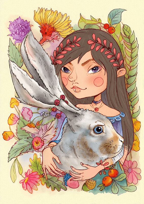 Girl With Bunny In Spring Flowers