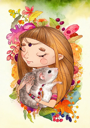 Girl Holding A Rat Surrounded By Autumn Leaves