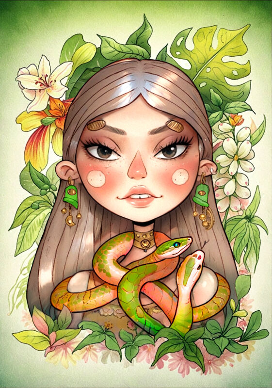 Girl With Green Snake In Jungle Blossoms