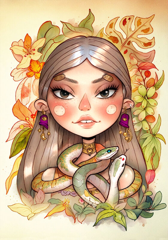 Girl With Orange Snake In Warm Forest