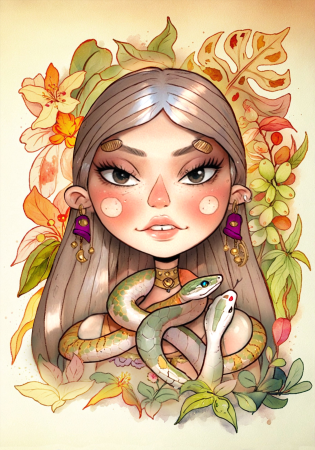 Girl With Orange Snake In Warm Forest