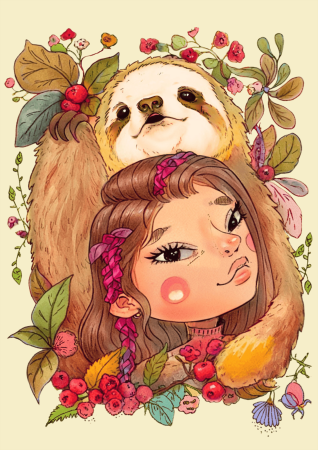 Girl And Sloth In A Berry Wreath