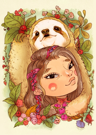 Girl And Sloth Resting In Jungle Flowers