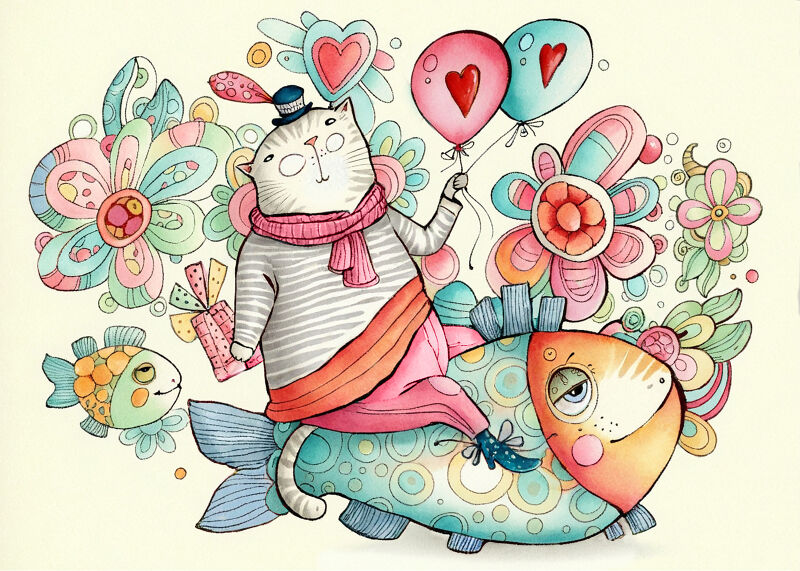 Romantic Cat Riding a Fish with Balloons and a Gift