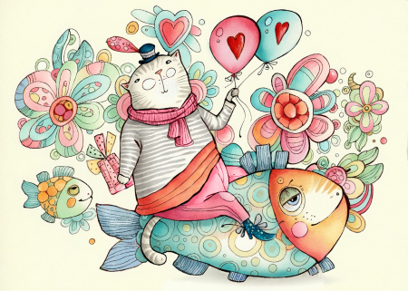 Romantic Cat Riding a Fish with Balloons and a Gift