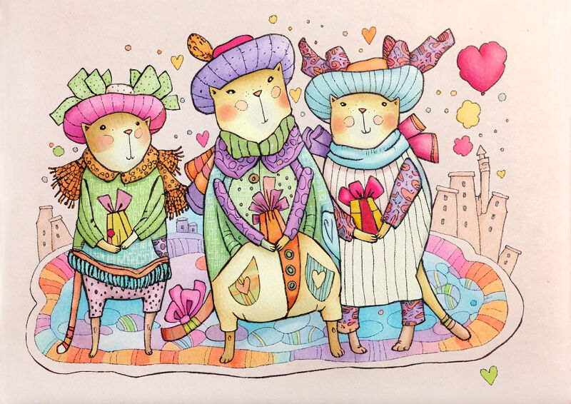 Three Stylish Cats Holding Gifts in the City