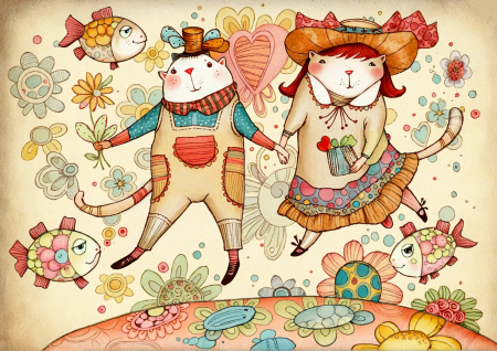 Romantic Cats Walking Hand in Hand Through a Fantasy Garden