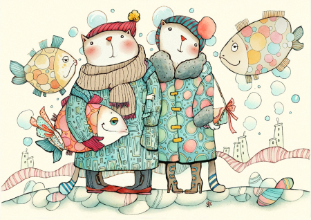 Warmly Dressed Cats Enjoying a Winter Day Outdoors